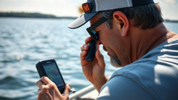 Man using Garmin LiveScope on a boat in sunny lake