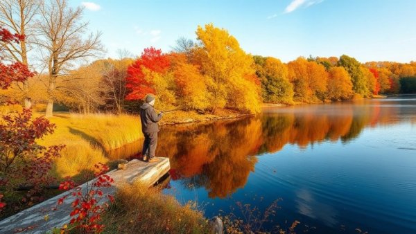 Serene fall fishing scene in a colorful autumn setting.