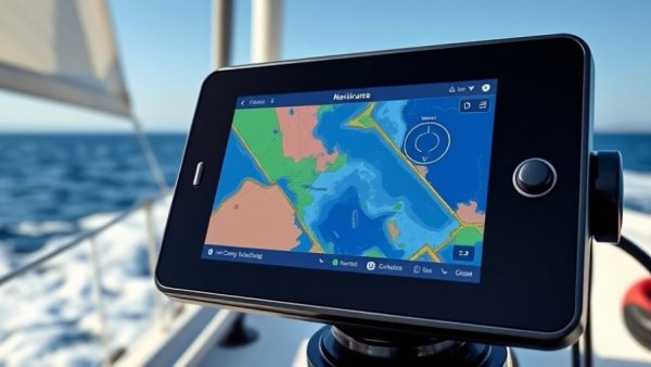 Garmin marine mapping device in use on a sailboat with ocean backdrop.