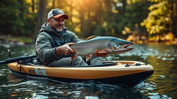 Angler using Force Current kayak trolling motor on a lake