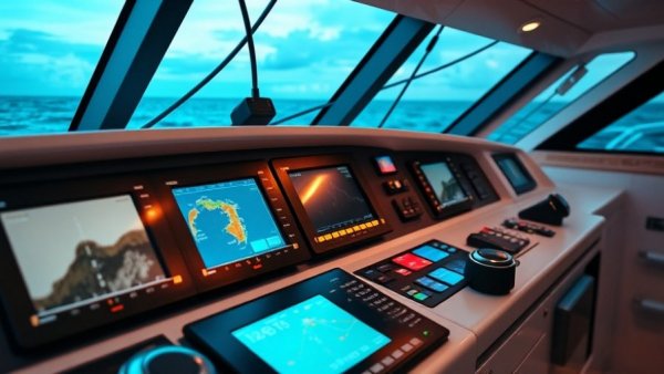 Modern marine navigation system with digital displays in a boat cockpit.