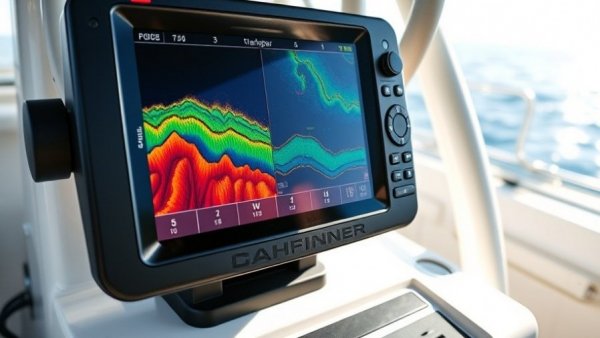Modern chartplotter fishfinder displaying marine details in boat cabin.