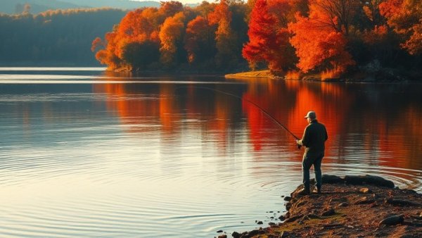 Tranquil fall fishing scene at dawn with vibrant foliage.