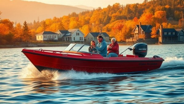Fishing tournament: red boat with anglers on autumn lake, vibrant foliage.