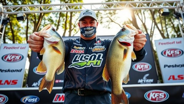 Excited angler with bass fish on tournament stage, bright lighting.