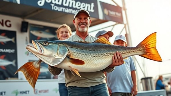 Fishing tournament winner with children on stage holding fish.