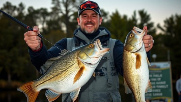 Angler at fishing tournament holding large fish, vibrant evening.