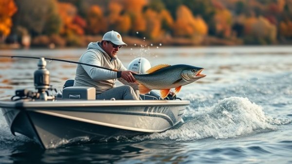 Angler handling fish in exciting fishing tournament setting.