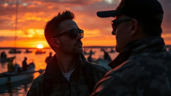 Man in camouflage at fishing tournament during sunset.