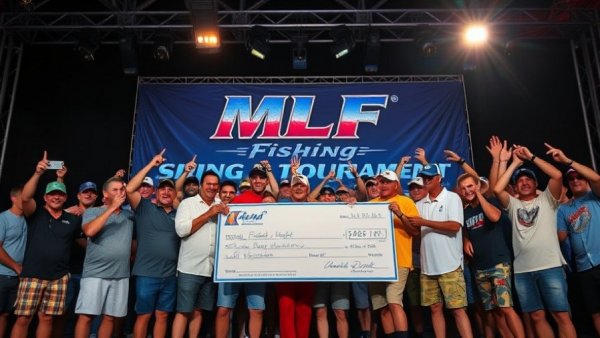 Fishing tournament winners celebrating on stage with a large check.