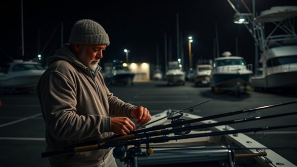 Angler preparing rods for night fishing tournament on boat.