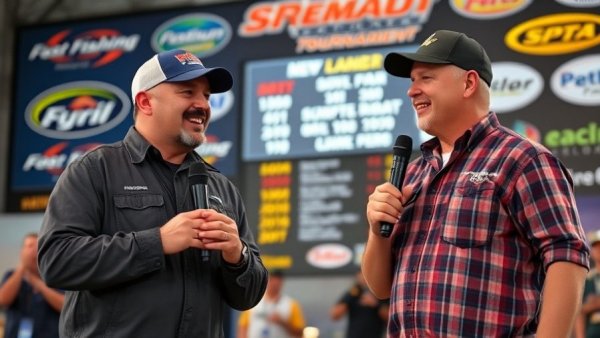 Interview at a fishing tournament stage with two men, microphones in hand.