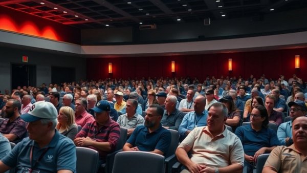 Large audience attending fishing tournament meeting in modern auditorium.