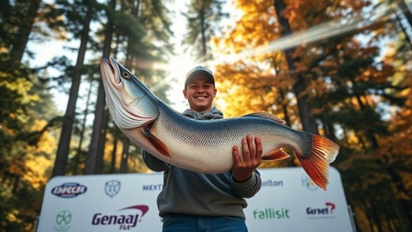 Triumphant angler holding prize fish at fishing tournament.