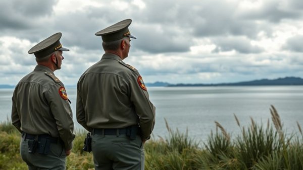 Officers observing Louisiana fishing lake with ATVs nearby.