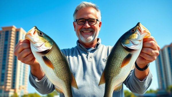 Man showcasing alternative Alabama fishing catch, smiling under clear sky.