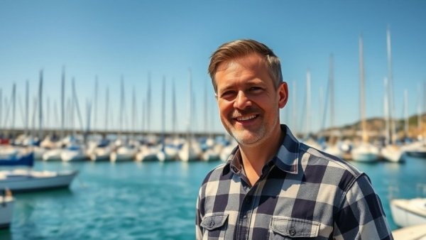 Man smiling at Alabama marina, boats in background, Alabama fishing scene.