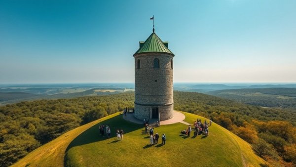 Scenic aerial view of a stone tower in a forest, Alabama.