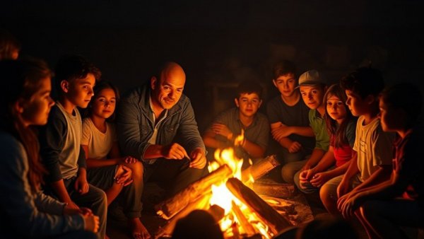 Alabama camping scene with people around a campfire, nighttime.