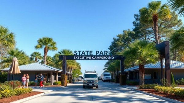 Entrance of Gulf State Park Executive Campground with vibrant greenery.