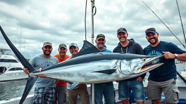 Group of anglers with a large swordfish at Alabama marina, Alabama fishing event.