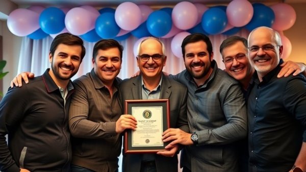 Group of men winning World Cat Dealer of the Year award ceremony.