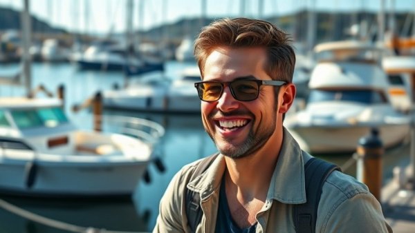 Person smiling by a marina, boats in the background, marine electronics context.