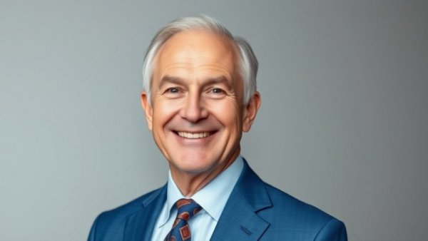 Smiling older man in a suit, neutral background, AI in marine dealerships.