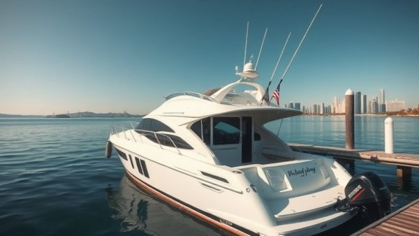 White fishing boat docked with city skyline, depicting Patrick Industries Q3 results.