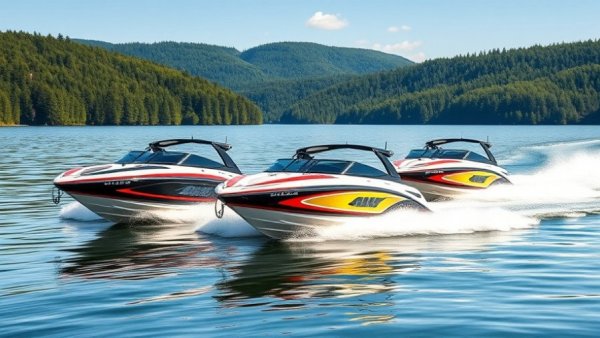 Three Malibu boats racing on a lake with forested hills, symbolizing Malibu Boats revenue growth.