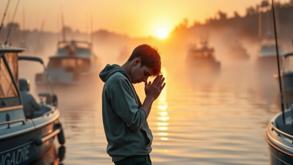 Young angler reflecting at sunrise during fishing tournament.