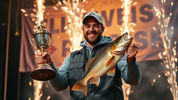 Fishing tournaments champion celebrating with trophy and fireworks.