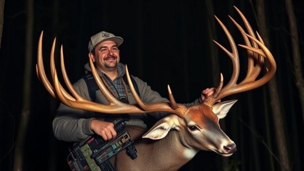 Hunter proudly posing with Lake Providence trophy buck at night.