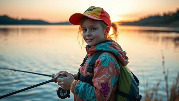 Young girl fishing at sunset, gifts for fishing kids