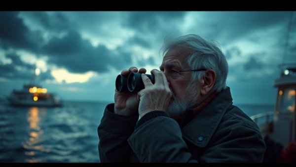 Older man using FLIR Ocean Scout Pro on a boat at night.