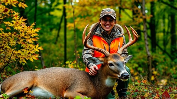 Woman hunting in forest, smiling with deer, vibrant autumn setting.