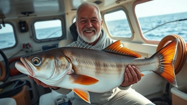 Proud man holding large fish on boat, Rhode Island Tog Record.