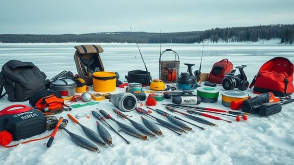 Ice fishing gear on a frozen lake with serene winter background.