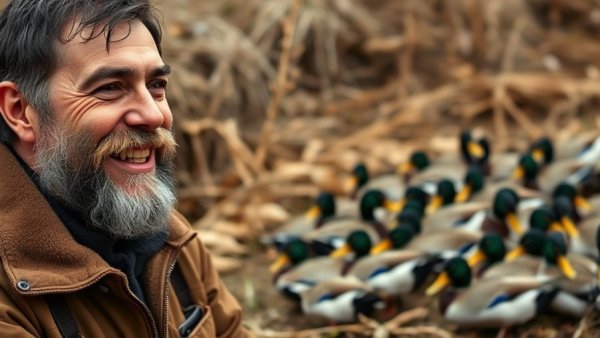 Bearded man smiling by duck hunting pile, outdoor setting.