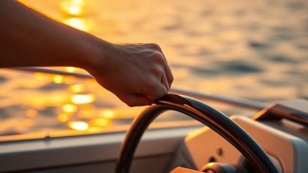 Close-up of hand steering a boat at sunset indicating boat sales growth.