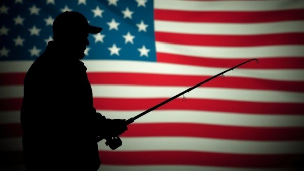 Silhouette fishing against American flag for Veterans Day.