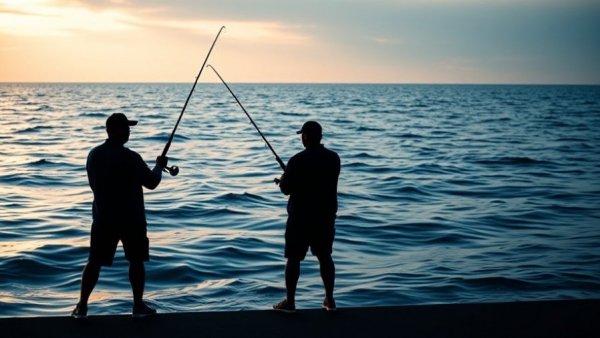Anglers fishing in the sea at dawn during fall striped bass run.
