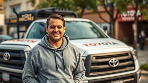 Man in hoodie beside branded truck, representing fishing tournaments.