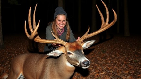 Smiling woman proudly holding the large antlers of a deer in a nighttime forest in Louisiana.