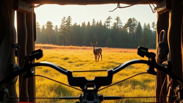 Hunting with doe decoys using a compound bow in a sunlit field.