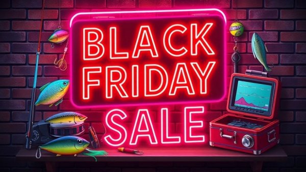 Black Friday Fishing Deals 2025 neon sign with fishing gear.