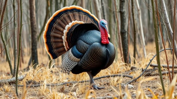 Wild turkey in Ohio forest showcasing vibrant plumage.