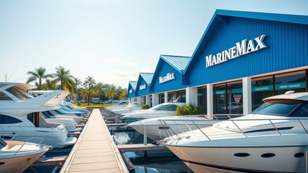 MarineMax building with blue roofs near waterfront showcasing yachts.