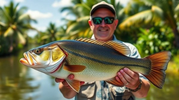 How to Catch Peacock Bass in Florida: fisherman displaying catch in tropical canal.