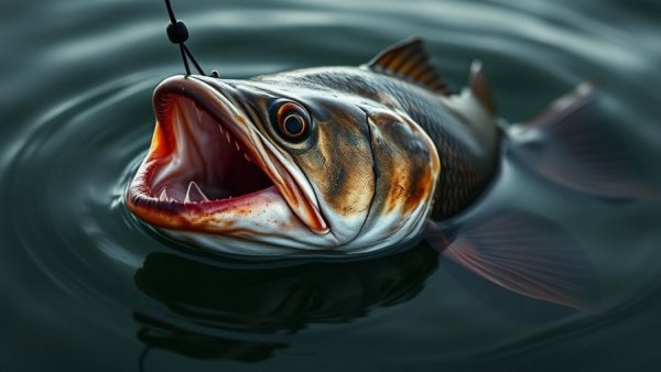 Tautog fish caught on hook in dark green water, fishing for trophy tautog.